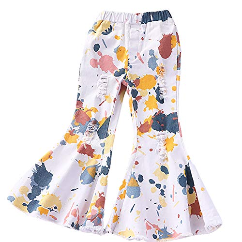 Pudcoco Kids Little Girls Ripped Tie Dye Flare Jeans High Waist Bell Bottoms Pants