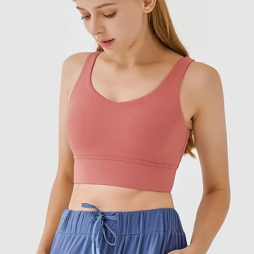 Miaozhun Womens V Neck Longline Sports Bra, U Back Wirefree Padded Workout Fotness Yoga Bras Coral Red #TOP2