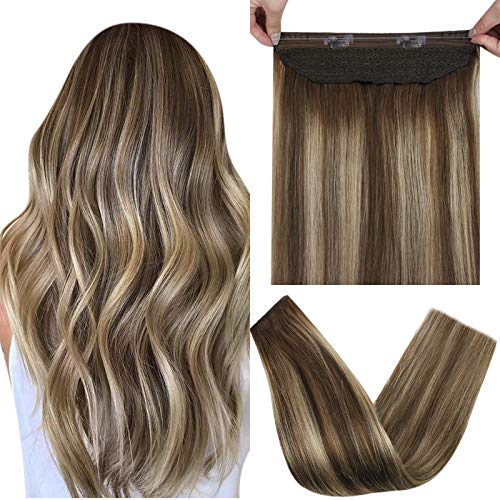 Halo Extensions 16 Inch Remy Human Hair Color 4 Fading to 24 Blonde and Color 4 Medium Brown Secret Fish Line Hair Extensions 80 Grams Hair On a Wire Hairpiece