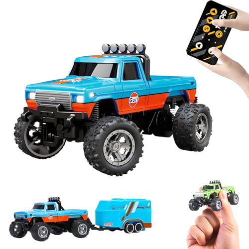 Mini Rc Truck, Mini RC Monster Truck, 1:64 Scale Monster Truck Remote Control Car with Lights, 2.4Ghz Remote Control, Mini Alloy Monster Truck Rc with Trailer, Speed/Steering Adjustable(Blue)