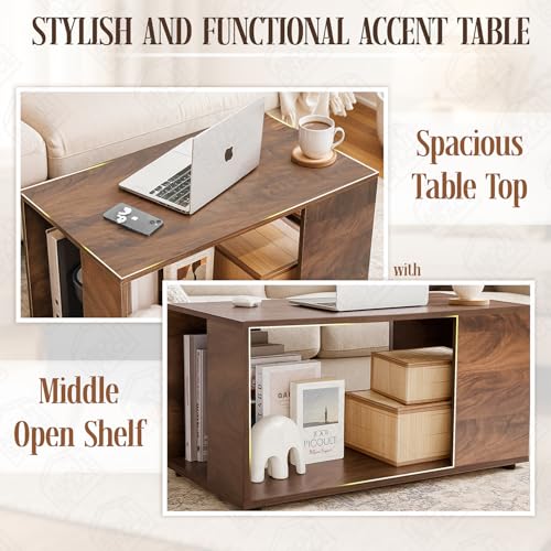 Image of ABOUT SPACE Coffee Table - Portable Wooden Centre Table with Open Storage- Furniture - Sofa /Tea /Teapoy for Living Room, Home, Office (Walnut - L 80 x B 40 x H 42 cm)