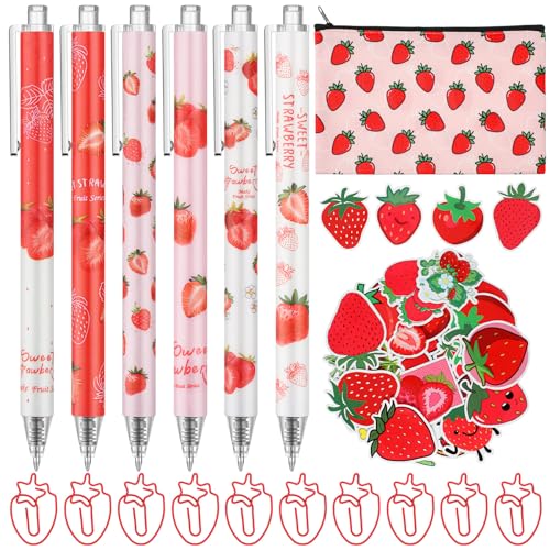 Geyoga 71 peças de presente de morango, conjunto organizador fofo, canetas de tinta de frutas, estojo de lápis, clipes de papel e adesivos, material de morango para Natal, escritório, casa