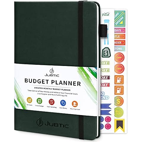 JUBTIC Budget Planner 2025, Monthly Budget Book, Financial Planner with Expense Tracker Notebook, Account Book for Home Office Work - Undated,12 Month, A5 Size, Dark Green Cover