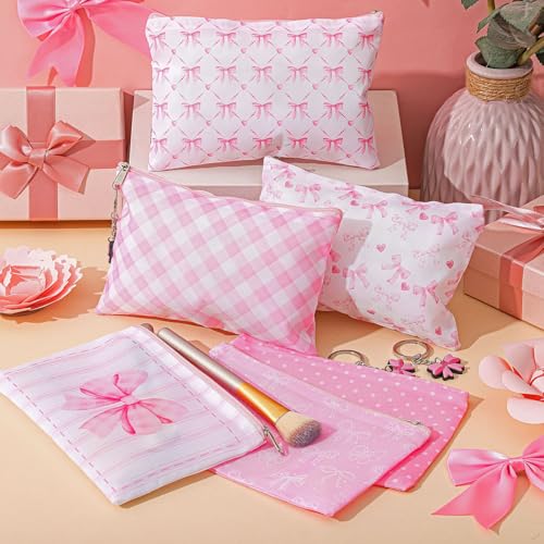 48 Pcs Pink Bow Party Favors Included Coquette Makeup Bags Keychains Pink Bows Hair Clips Coquette Birthday Party Gifts Bulk for Women Bestie Coworker4