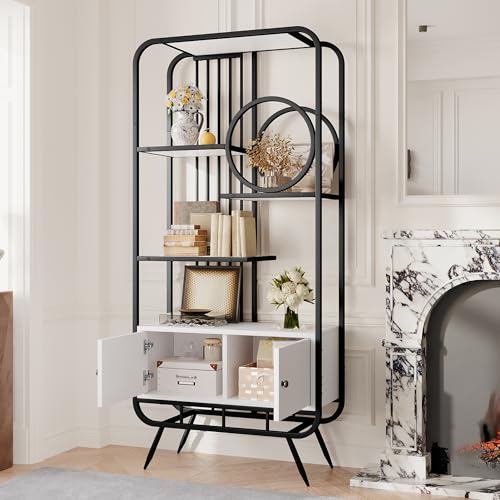 Merax Metallregal 80x30x180cm, Lagerschrank mit Doppeltür, 3 Regalböden, hohe Metallfüße, runde Dekoration, modernes Design, vielseitig, einfach zu montieren und zu reinigen, Schwarz Merax Metallregal 80x30x180cm, Lagerschrank mit Doppeltür, 3 Regalböden, hohe Metallfüße, runde Dekoration, modernes Design, vielseitig, einfach zu montieren und zu reinigen, Schwarz