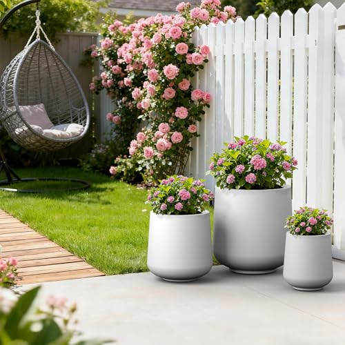 Image of Kante Set of 3 White Concrete Curved Planters 16.5 inch 13 inch 9.4 inch Dia | Drainage for Outdoor, Rubber Plug for Indoor Home, All-Weather Cement Pot, Handcraft, Lightweight & Durable, Anti-UV, Round