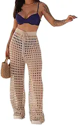 Calça Saída de Praia em Tricô, Crochê Vazado, Estilo Boho, Moda Praia Feminina (BR, Alfa, M, Regular, Areia)