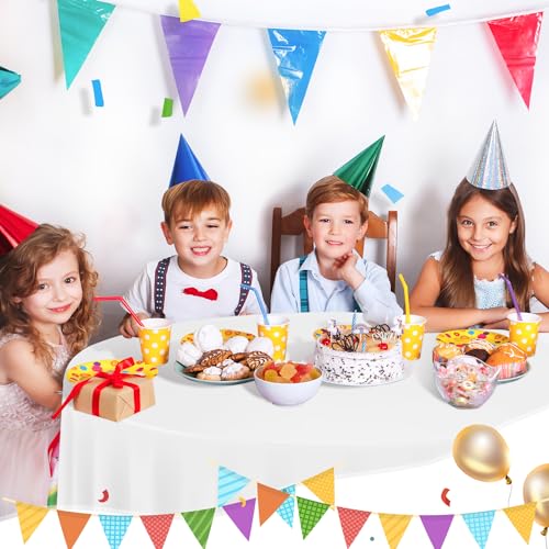 Image of tujol White 6 Pack Plastic Table Cloth 84 inch, Disposable Round Tablecloth Table Cover, Plastic Tablecloths for Parties