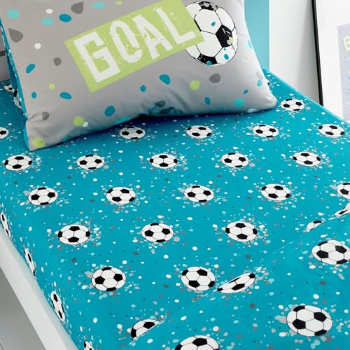 Bedlam Sábana Bajera Ajustable para Cama Individual (190 x 90 x 25 cm), diseño de balón de fútbol, Ropa de Cama para niños