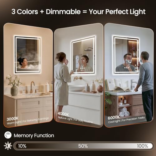 Image of 32x36 LED Bathroom Mirror with Anti-Fog, Backlit & Front Lit, Memory | Stepless Dimmable 3 Color CRI 95+ Shatterproof Tempered Glass ETL Listed for Safety Lighted Bathroom Vanity Mirror for Wall
