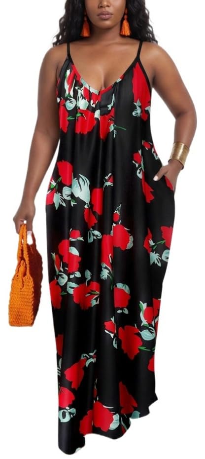 Image of Women's Casual Summer Maxi Dresses Sleeveless Adjustable Spaghetti Strap Loose Plus Size Dresses