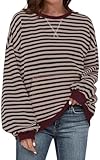 UEU Women Striped Sweatshirt Oversized Long Sleeve Crew Neck Casual Loose Pullover Y2K Shirt Tops With Pockets BlackCoffeeStriped Medium