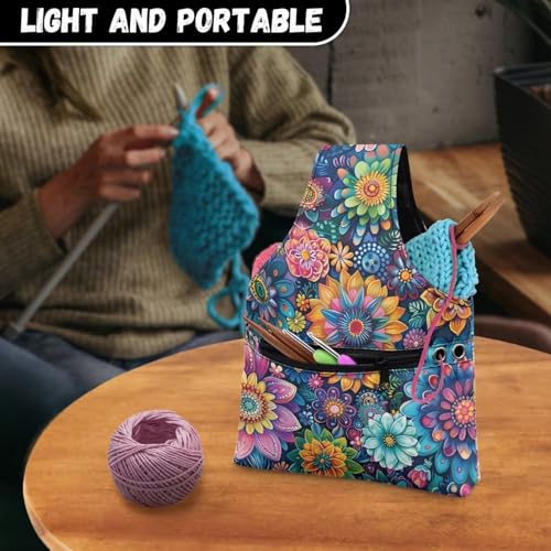 Image of ZUXONGSYBoho Colorful Floral Yarn Bag with Holes for Crochet Lightweight Yarn Storage Bag Organizer Portable Knitting Handbags and Totes Knitting Accessories