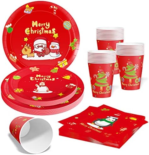 Tbsone Christmas Paper Plates and Napkins Set, Disposable Christmas Plates, Napkins, Cups, Kids Christmas Party Supplies for Christmas, Holiday, Birthday Party - 24 Serves