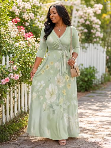 Image of SUZONANA Plus Size Dresses for Women Floral Print Maxi Dress Flowy 3 /4 Sleeve with Belt