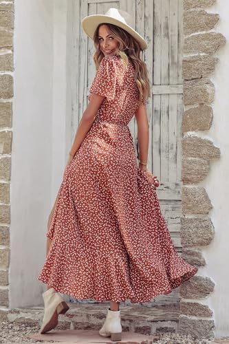 PRETTYGARDEN Women's Summer Maxi Dress Casual Wrap Floral Boho Short Sleeve V Neck Split Ruffle Beach Long Dresses