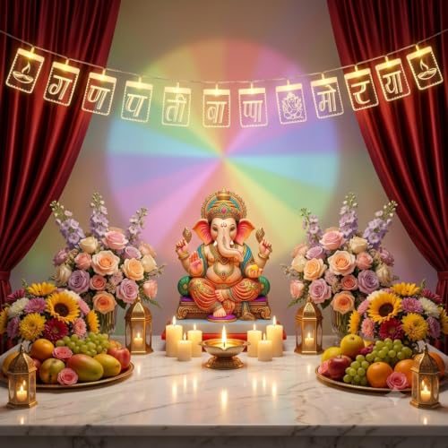 Image of ZALAR Magic Text Light GANPATI Bappa MORYA, LED String Lights, Peacock Feathers and Hanging Bells, Traditional Festival Decoration,Diwali