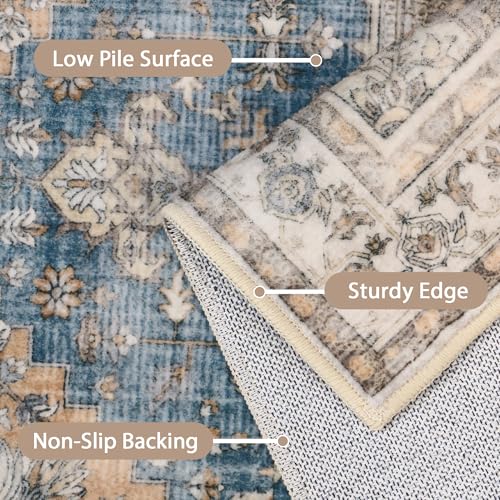 GENIMO 2x12 Runner Rugs for Hallway, Machine Washable Non Slip Vintage Rugs, Low Pile Lightweight Soft Print Rug for enrtyway, Corridor, Home Office, Kitchen, Blue Brown