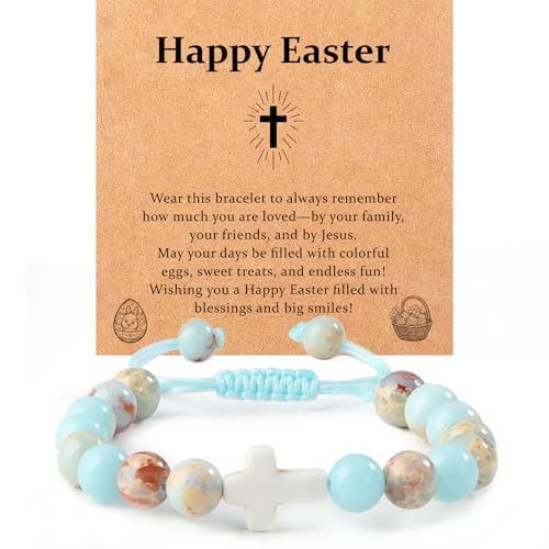 Image of Lamyba Easter Gifts for Kids /Teens /Girls, Christian Natural Stone Beaded Bracelets, Easter Basket Stuffers Essentials, Adjustable Cross Bracelets, Blue /Black