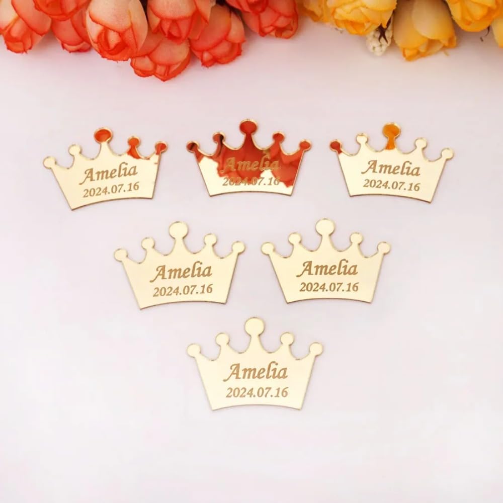 PGORSDOR 10Pcs Crown Engrave Name Custom Acrylic Mirror Sticker for Personalized Wedding Craft Gift for Guest Party Favors (3cm)