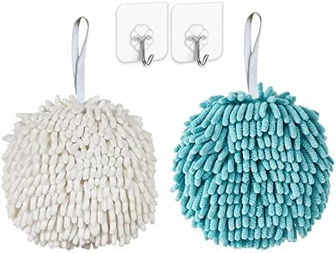 Zapikic Hand Towels for Bathroom Decorative Set, 2 Packs White and Blue Chenille Hanging Hand Towel Ball Microfiber Absorbent Soft Bath Towel with Loop for Powder Room or Kitchen Washstand