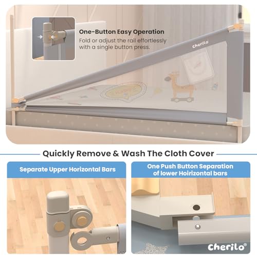 Image of Cherilo Bed Railing for Baby Safety - Foldable & Height Adjustable Railing for Safety, 180cm x 73cm Side Protector, Collapsible Baby Bed Protector Side Walls - Grey (Pack of 1)