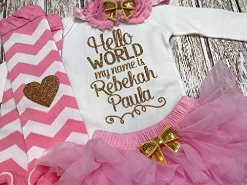 Take Home Outfit Baby Girl Outfit Personalized Name Hello World my name is Optional Tutu Bloomers Headband and Leg Warmers4