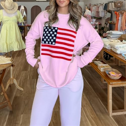 Image of Womens American Flag Sweater Long Sleeve Crew Neck Star Graphic Knit Pullover Tops Casual Loose USA Sweater
