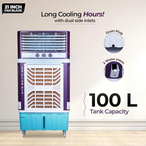 Image of 8X Flo Pro - India's First Plastic Body Duct Air Cooler | 100L | 21 inch 4-Leaf Fan | 8500 m /hr | 30 Ft Air Throw | Double Ball Bearing Motor | 4-Side Honeycomb | 360 Cooling | Lockable Castors