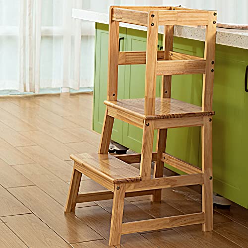 Image of Kitchen Step Stool for Kids with Safety Rail,Toddler Standing Tower for Kitchen Counter, Baby Montessori Stool,Solid Wood Construction,Natural
