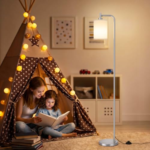 Image of Ziisee 64 inch Floor Lamp for Living Room with Remote Control, White Shade with Brushed Nickel Pole, Dimmable Tall Lamps for Bedroom Office Corner, 9W LED Bulb Included