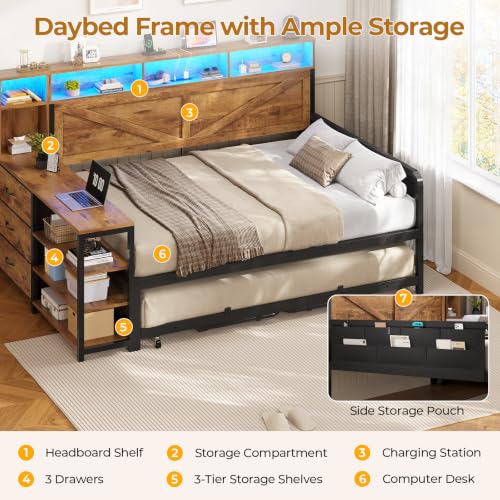 Image of MSmask Daybed with Trundle & 3 Storage Drawers, Full Size DayBed Frame with Headboard & Charging Station, Farmhouse Wooden Bed Frame with LED for Bedroom and Guest Room, Rustic Brown