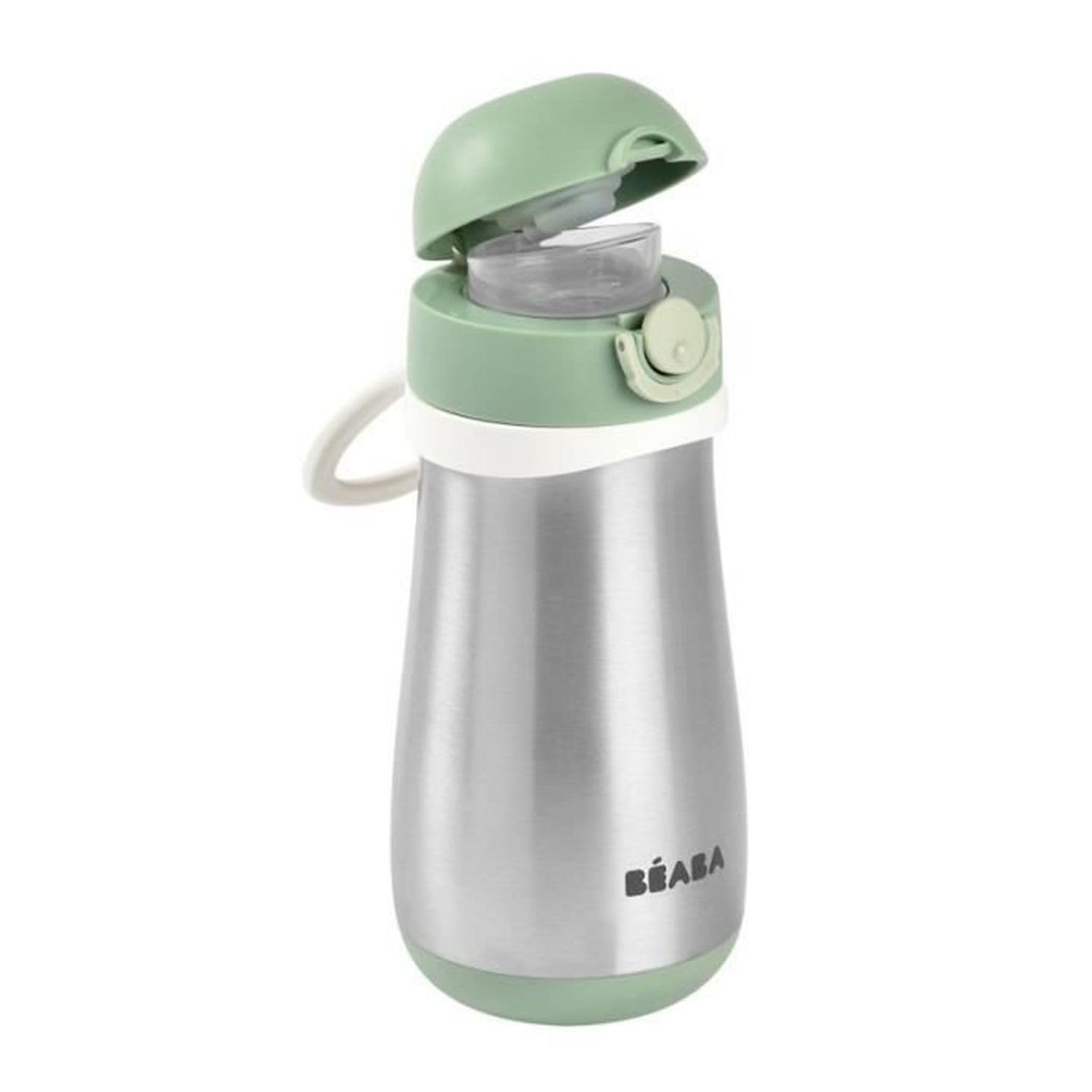 Béaba, Gourde Inox Enfant 2 en 1, Fonction Gourde/​Verre, Bouton Push pour faciliter l'ouverture, Solide, Sain, Poignées amovibles, Inox Maintien du Froid/​Chaud, 350ml, Vert Sauge