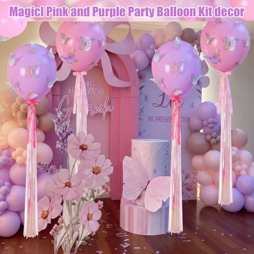 Shappy 2 Set 6.5 ft Pink and Purple Kpop Birthday Decoration 12 in Pink Purple Balloon with Butterfly and Bow Fringe Tassel Tail Kpop Theme Party Photo Props Backdrop for Birthday Bridal Shower Decor — view 2