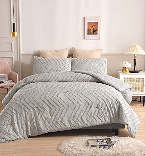 A Nice Night Gray Jacquard, Tufts Style,Embroidery Shabby Chic, Tufted Accent Shabby Chic Comforter Set, Soft and Durable Bedding Set for All Seasons (Grey, King)