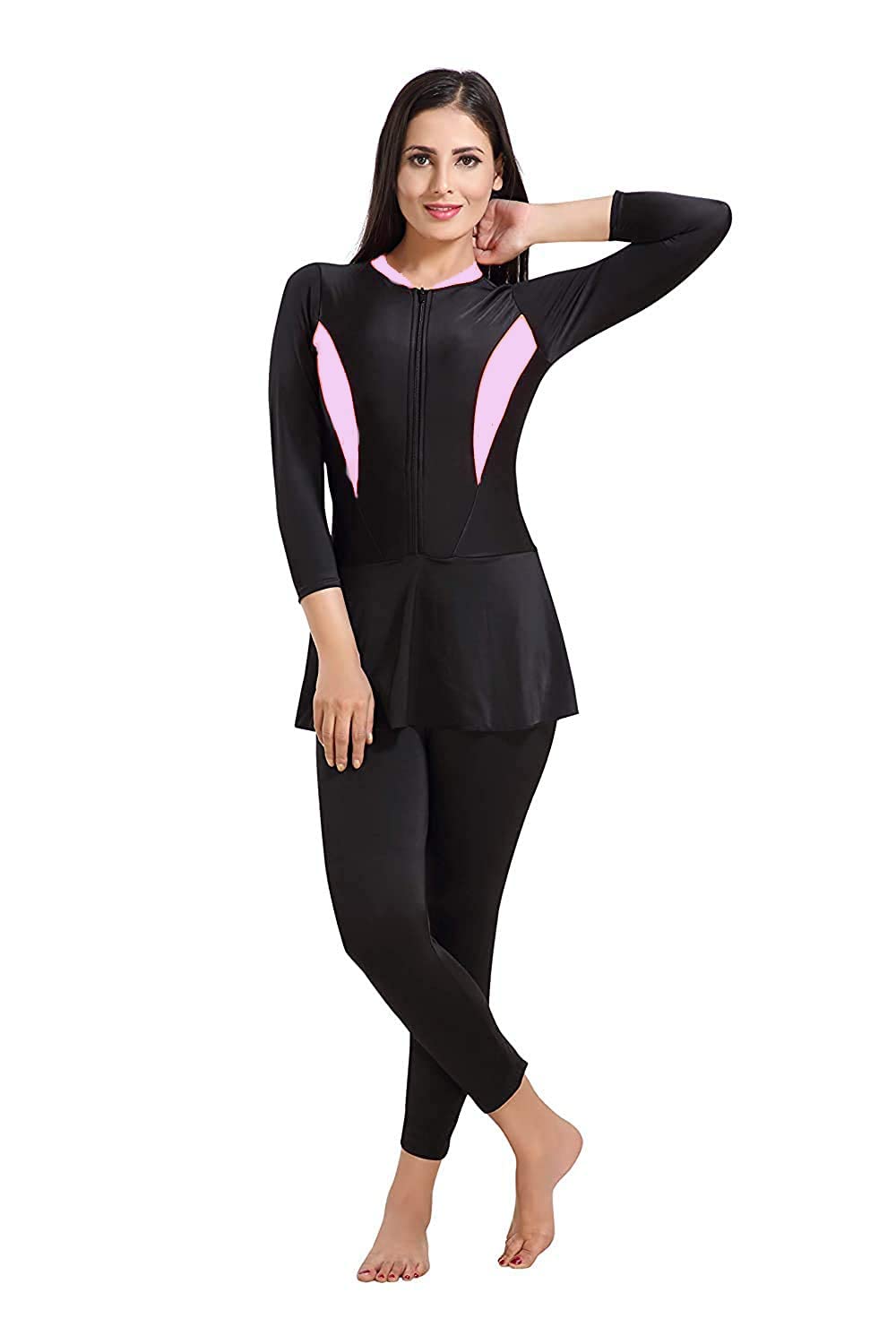 Effigy onlinehubWomen’s Swimwear Suit,Swim Costume,One Piece Two Way Stretchable Polyester Fabric Frock Style with Front Zipper Black 28 to 34 Size