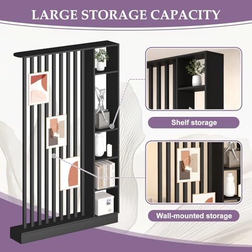 Freestanding Wall Room Divider with Shelves, Black, 47.2x9.4x78.7in by UKETO - Used condition - Image 3