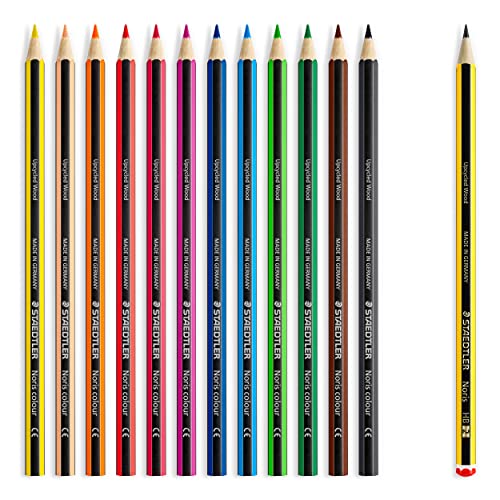 STAEDTLER Buntstifte Noris colour, rutschfeste Soft-Oberfläche, hohe Bruchfestigkeit, Made from Upcycled Wood, intensive Farben, Sechskantformat, 12 Farbstifte + 1 Buntstift im Kartonetui, 185 SET9