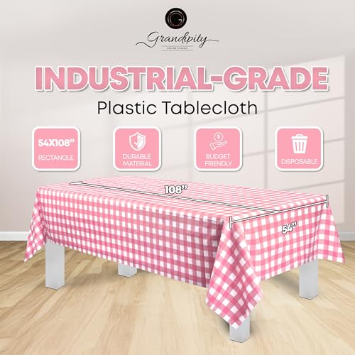 Image of Grandipity Plastic Table Cloth Disposable 12 Pack 54 inch x 108 inch Rectangle | Pink Gingham Plastic table covers, durable disposable tablecloths, fade and tear-resistent table cover for party, event