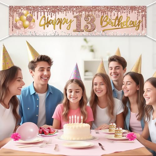 Image of Excelloon 13th Birthday Banner Decorations for Girls, Pink Rose Gold Happy 13 Birthday Yard Banner Party Supplies, 13 Year Old Teenager Bday Background Sign for Outdoor Indoor
