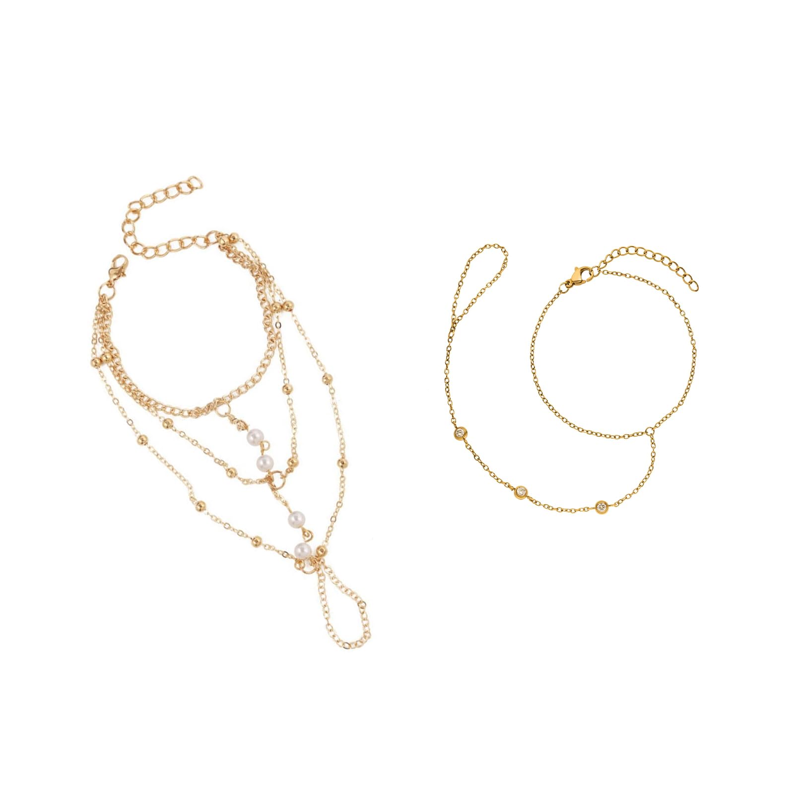 2 Piezas Brazalete Dorado con Cristales, Cadena de Mano con Anillo-Dedo, Pulsera de Oro para Mujer, Joyería Corporal Elegante Impermeable, Regalo (Oro)