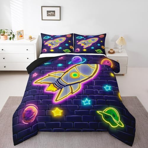 Rocket Kids Bedding Sets Colorful Neon Light Planets Outer Space Reversible Comforter for Boys Shiny Rustic Brick Wall Purple Quilt Set Soft Duvet Insert,1 Pillowcase Toddler Size