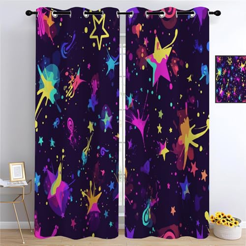 YUEAHOL Patrón de Estrella Cortinas Opacas, Grafiti Colorido Cortinas Termicas Aislantes Frio y Calor Cortinas Blackout con Ojales 2 Piezas para Dormitorio, Salon y Cocina 180 x 214 cm