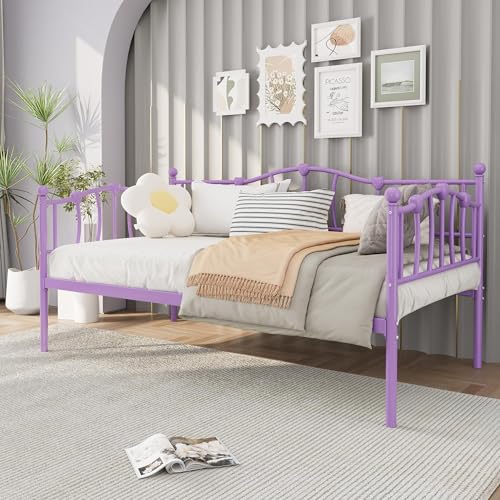 Image of GarveeHome Twin Size Daybed Frame, Sofa Bed with Stylish Headboard, Heavy Duty Steel Slat Support, Space Saving for Living Room /Bedroom /Guest Room, Purple
