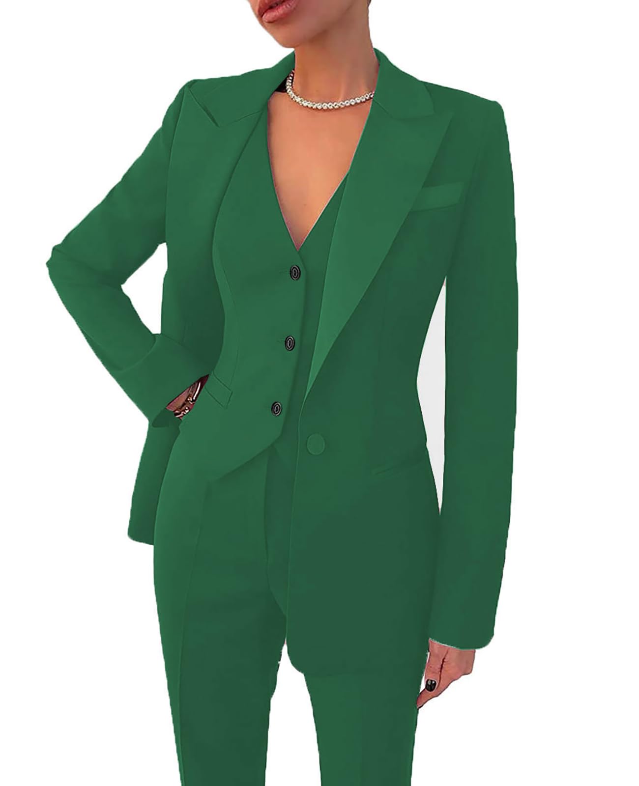Leader of the Beauty Women's 3 Piece Office Work Blazer Vest Pants Business Pants Suit Set Prom Party Suit Green