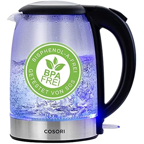 COSORI Wasserkocher Glas mit Upgrade Edelstahl Filter und Innendeckel, BPA Frei, 1,7 Liter, Kettle mit blau LED, Trockenaufschutz, 2200 Watt, Schnelles Aufheizen Cover
