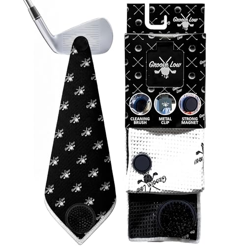 Groove Low Golf Towel with Magnet, Metal Clip and Brush - 40" L x 16.9" W, Extra Large Microfiber Magnetic Towel for Golf Bags, Brush to Keep Your Gear Clean, Black/White