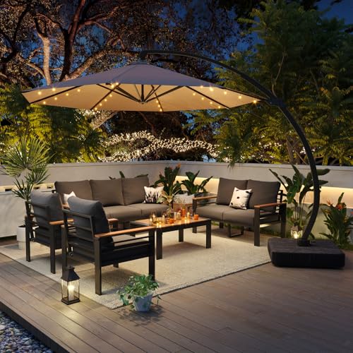 Image of Aoxun Aluminum Patio Furniture Set with Umbrella 7 Seats, Oversized Outdoor Sectional with Washable Thick Cushions, Coffee Table, Patio Conversation Sets for Porch, Balcony, Deck