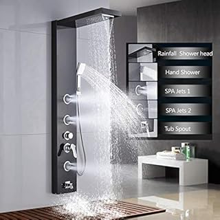 AlenArt Shower Panel System, Massage Jets Handheld Sprayer, Rainfall Waterfall Shower Head Stainless Steel Wall Mount Massage Multi-Function Bathroom Shower Panel Tower System,Black…