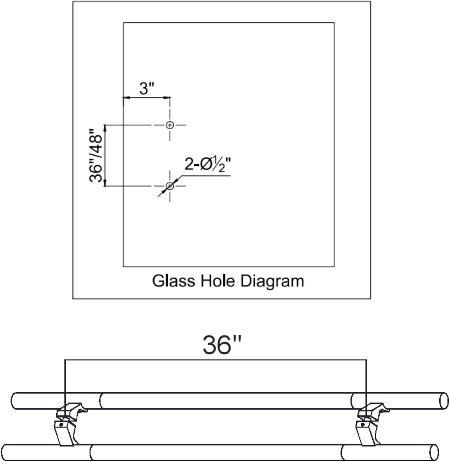 36 inch Large Push Pull Double Sided Commercial Storefront Door Handles for 10-20mm Glass Heavy Duty 1.5mm Thick 304 Stainless Steel Round H Shaped